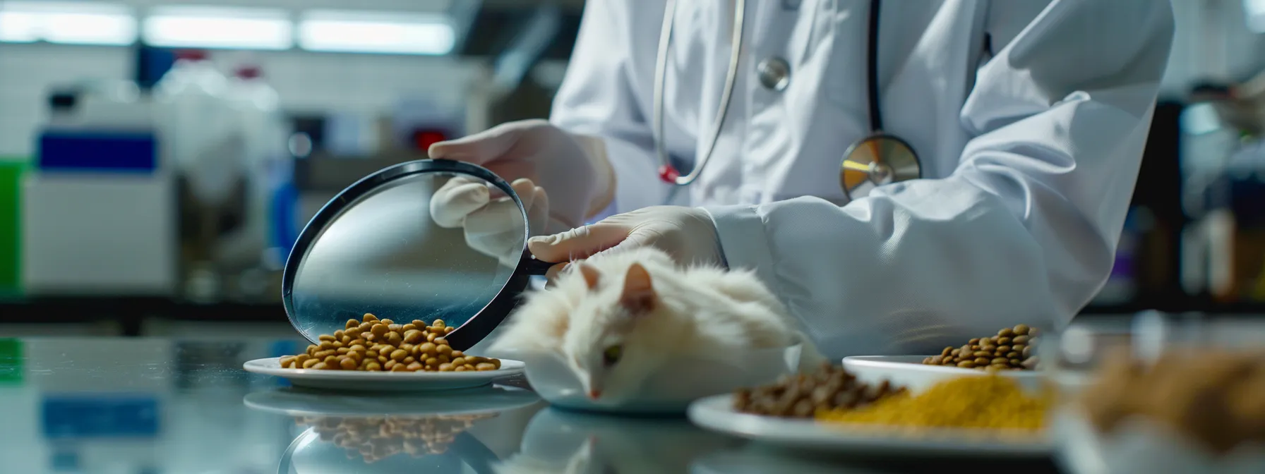 a veterinarian examining a pet's food label with a magnifying glass, highlighting the importance of nutrition for pet health.