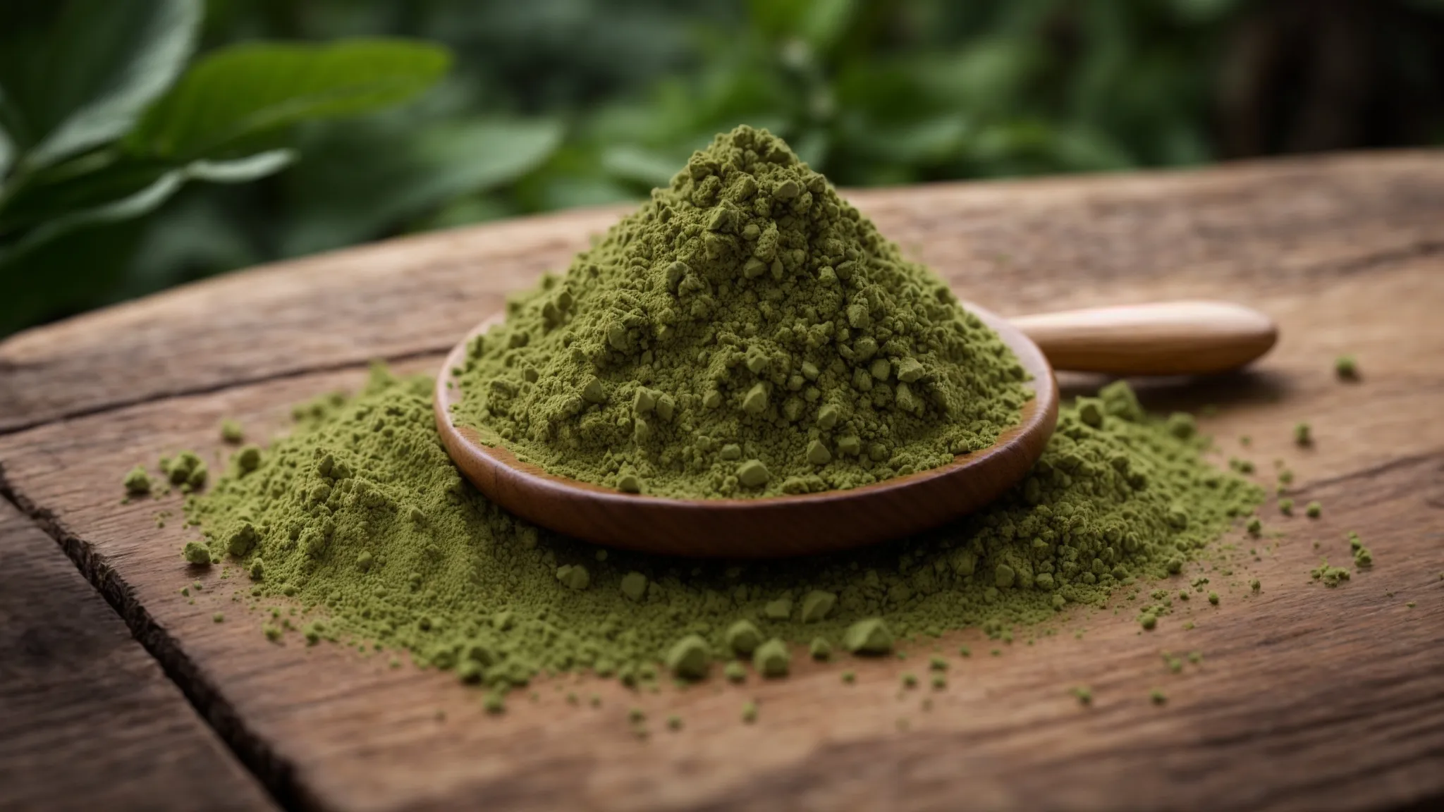 a pile of powdered green kratom on a polished wooden surface with a lush green forest in the background.