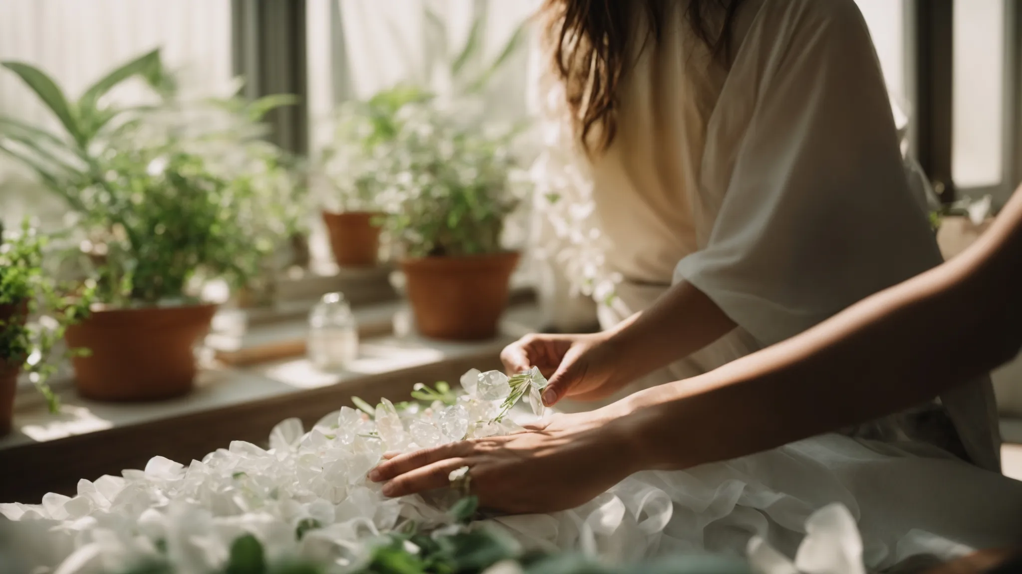 a healer places crystals on a person's back in a serene room filled with plants and natural light.
