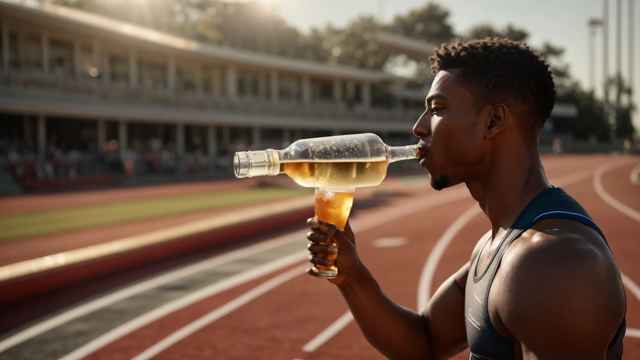 a sprinter gulping down a drink from a clear bottle against the backdrop of a sunlit athletic track.
