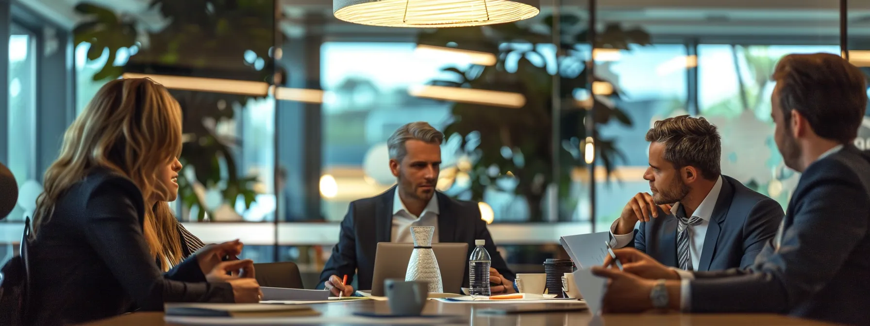business professionals having a serious conversation around a conference table with a model anchor and lamphear service company logo in the background.