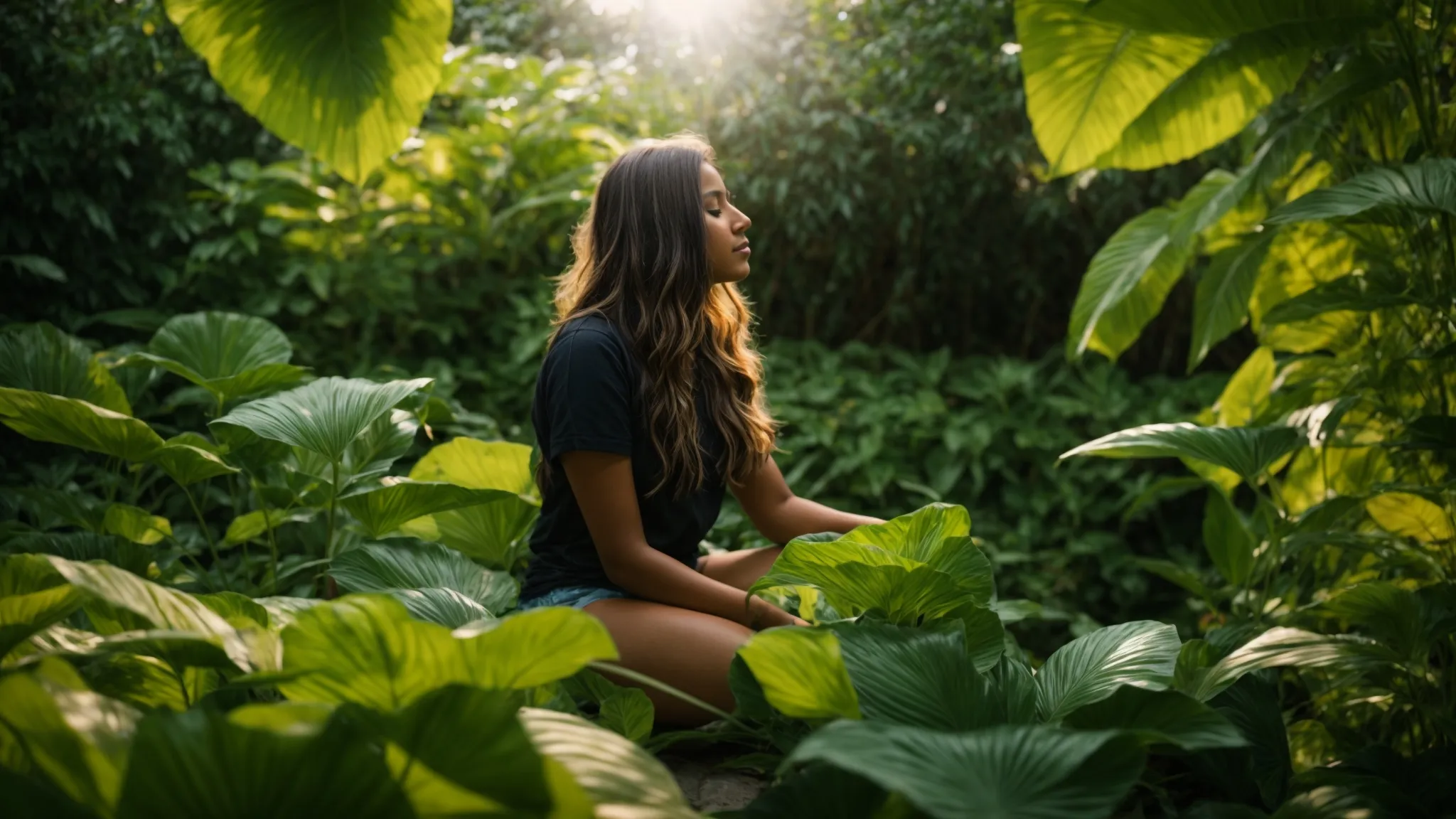 a person sitting in a serene garden, surrounded by lush green kratom plants under the sunlight.