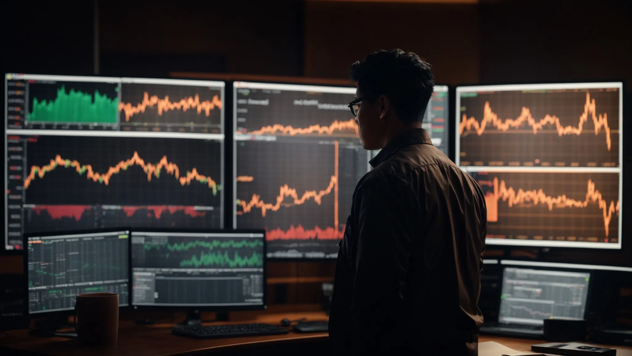 a computer screen displaying graphs and charts illuminates a dimly lit room, where a novice trader eagerly analyzes virtual stock market simulations.