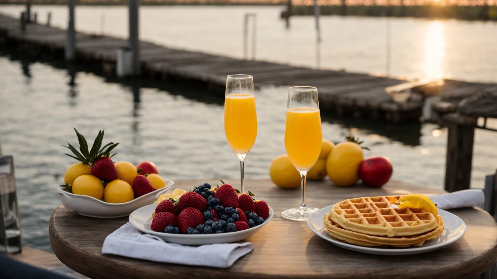 a table set with mimosas and a platter of freshly made waffles and fruit overlooking the cape fear river in wilmington, nc.