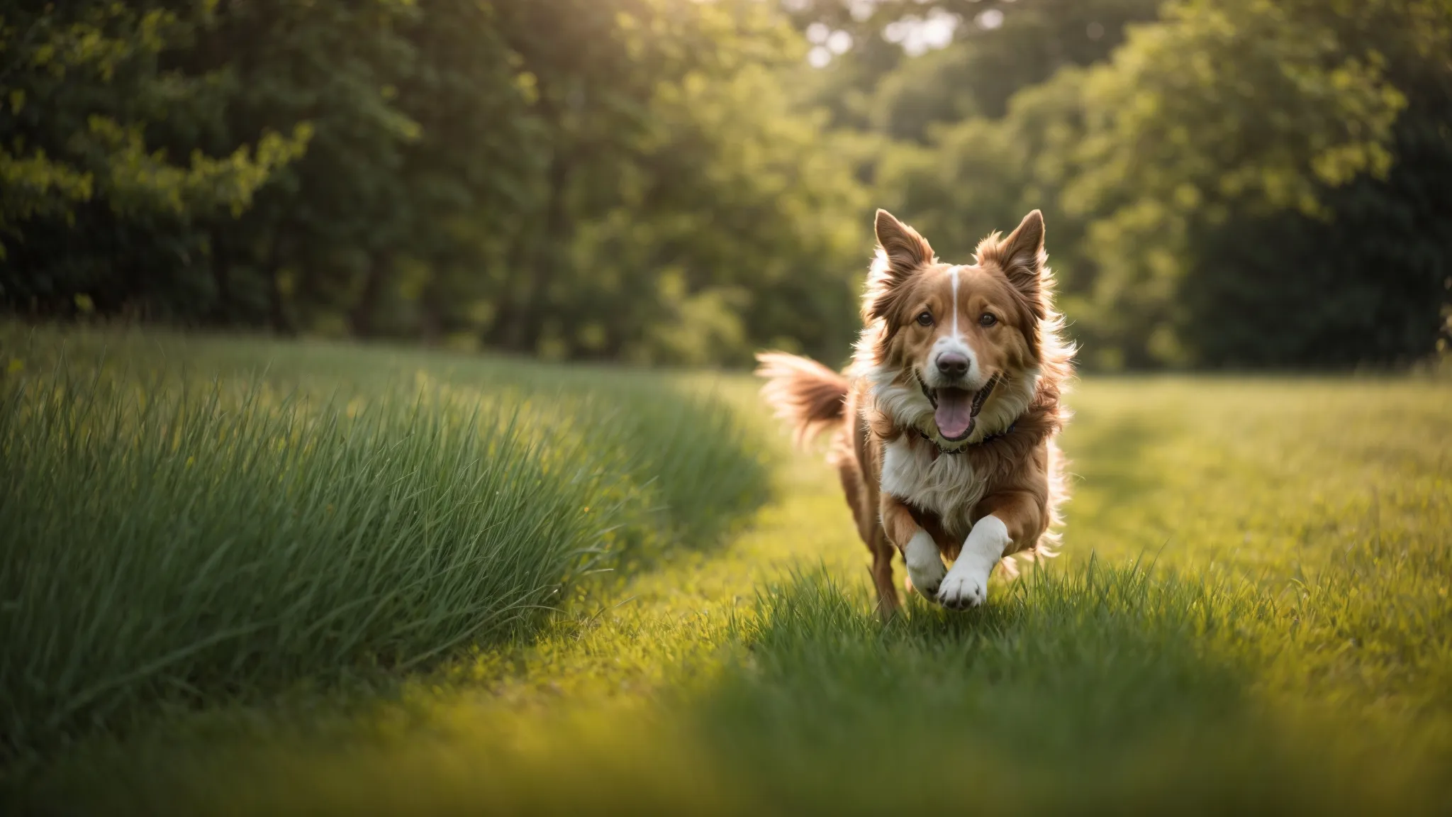 a dog energetically running through a lush green field, radiating vitality and health.