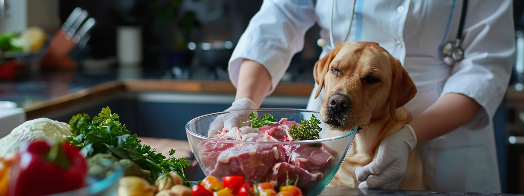 a veterinarian preparing a bowl of fresh meats, healthy fats, and fibrous vegetables for a dog.