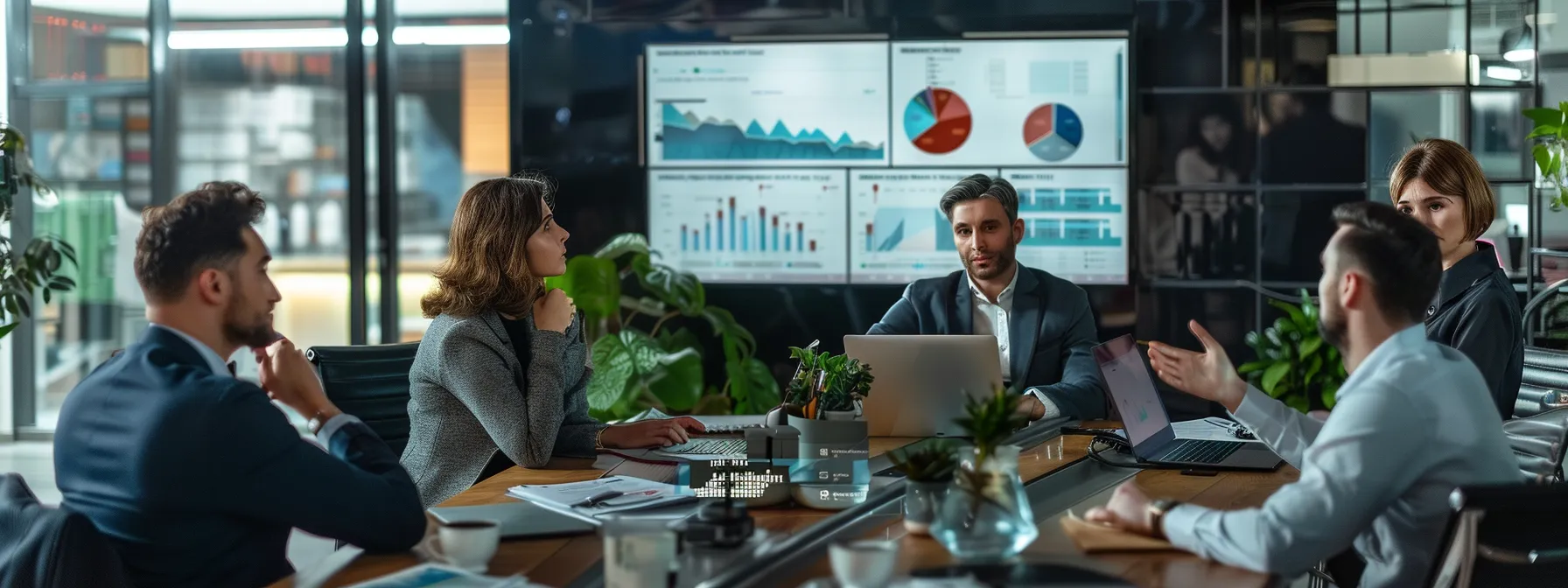 a group of professionals gathered around a table, deep in discussion with charts and graphs displayed on a screen.