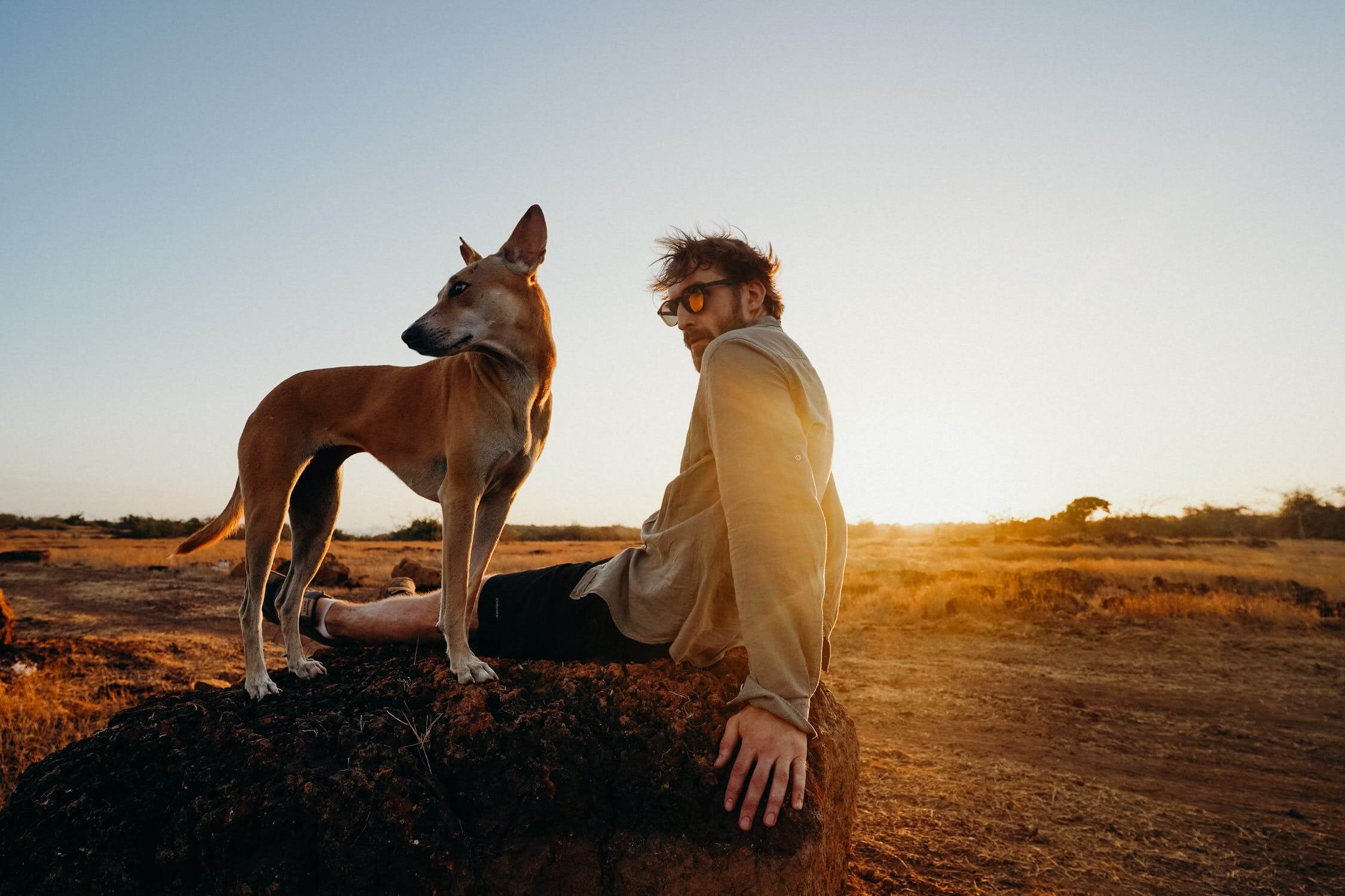 a person sitting on a rock with a dog on the lap