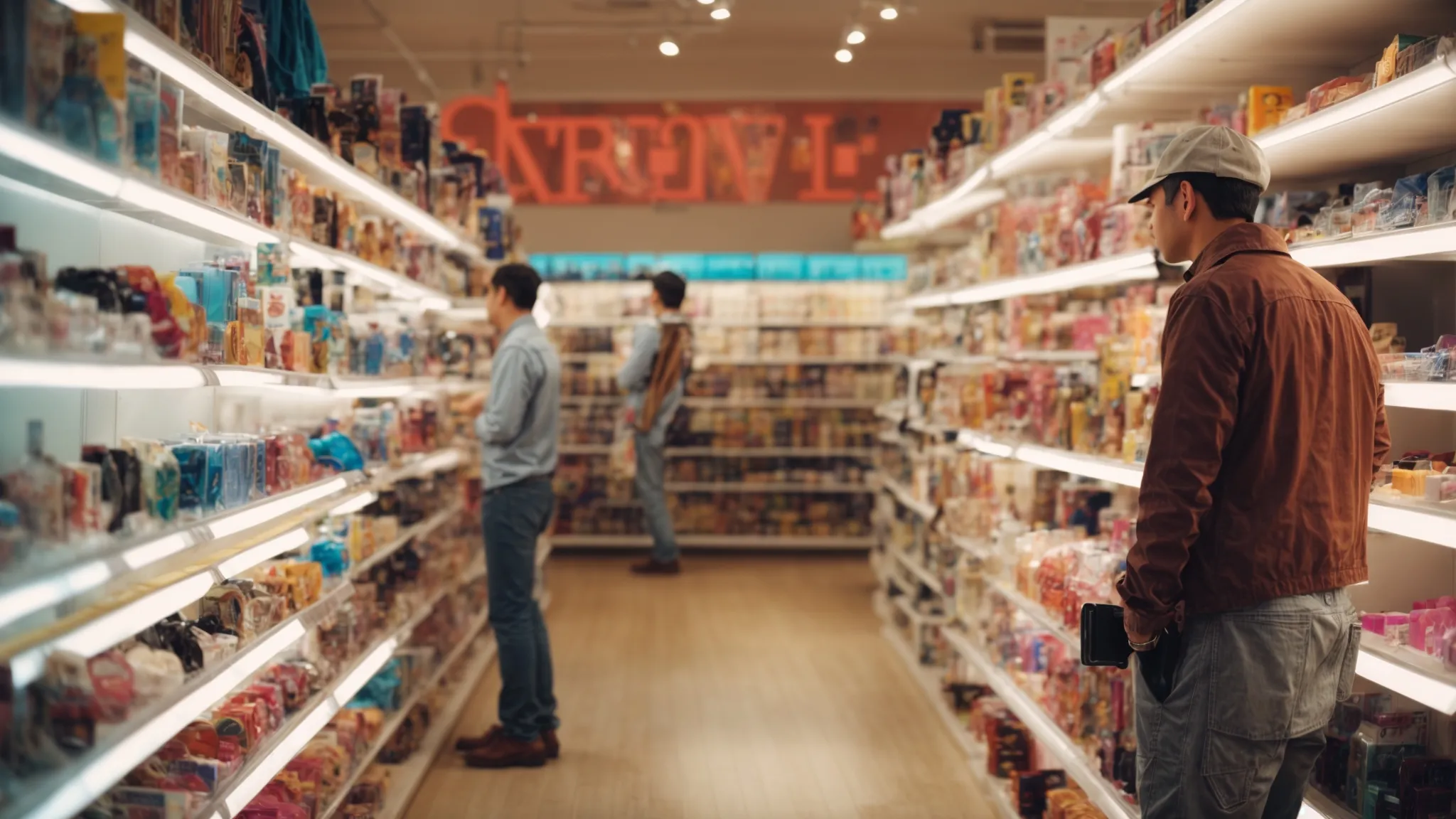 a man casually explores a shelf filled with various sex toys in a brightly lit, modern store.