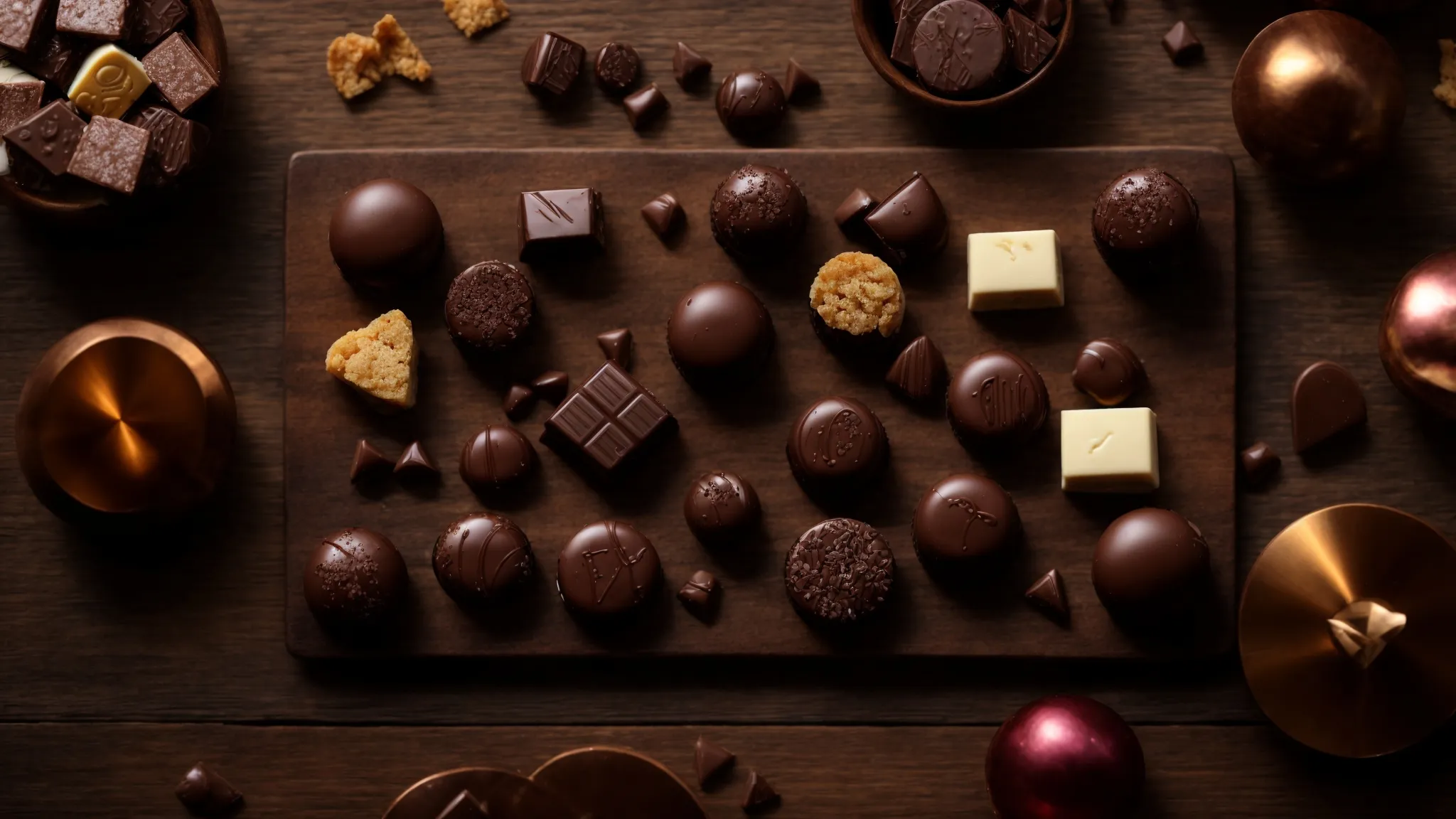 a wooden table adorned with a variety of gourmet chocolates, each piece uniquely shaped and glistening under soft lighting.