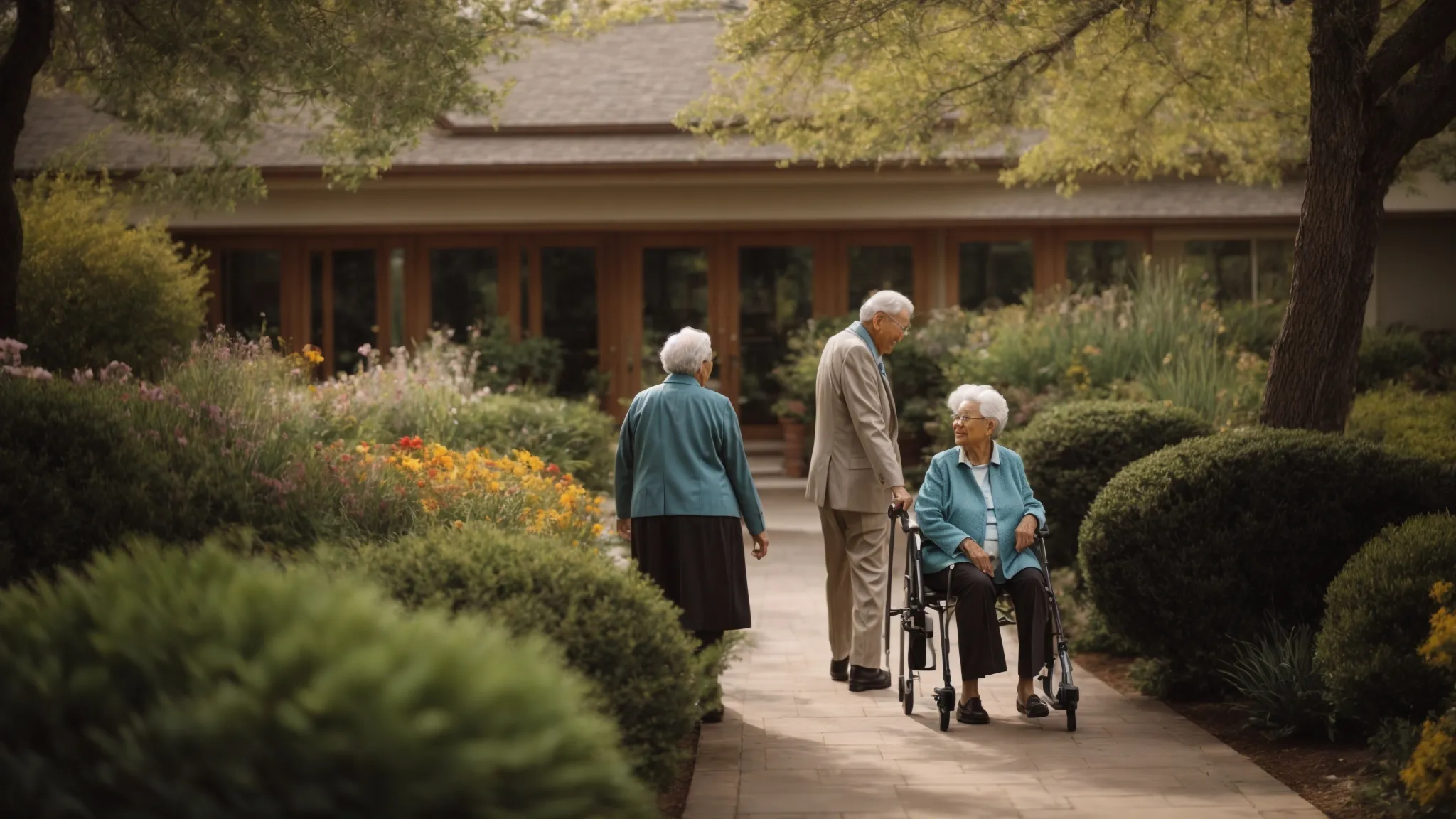 an elderly couple tours a serene garden pathway with a staff member of a memory care facility.