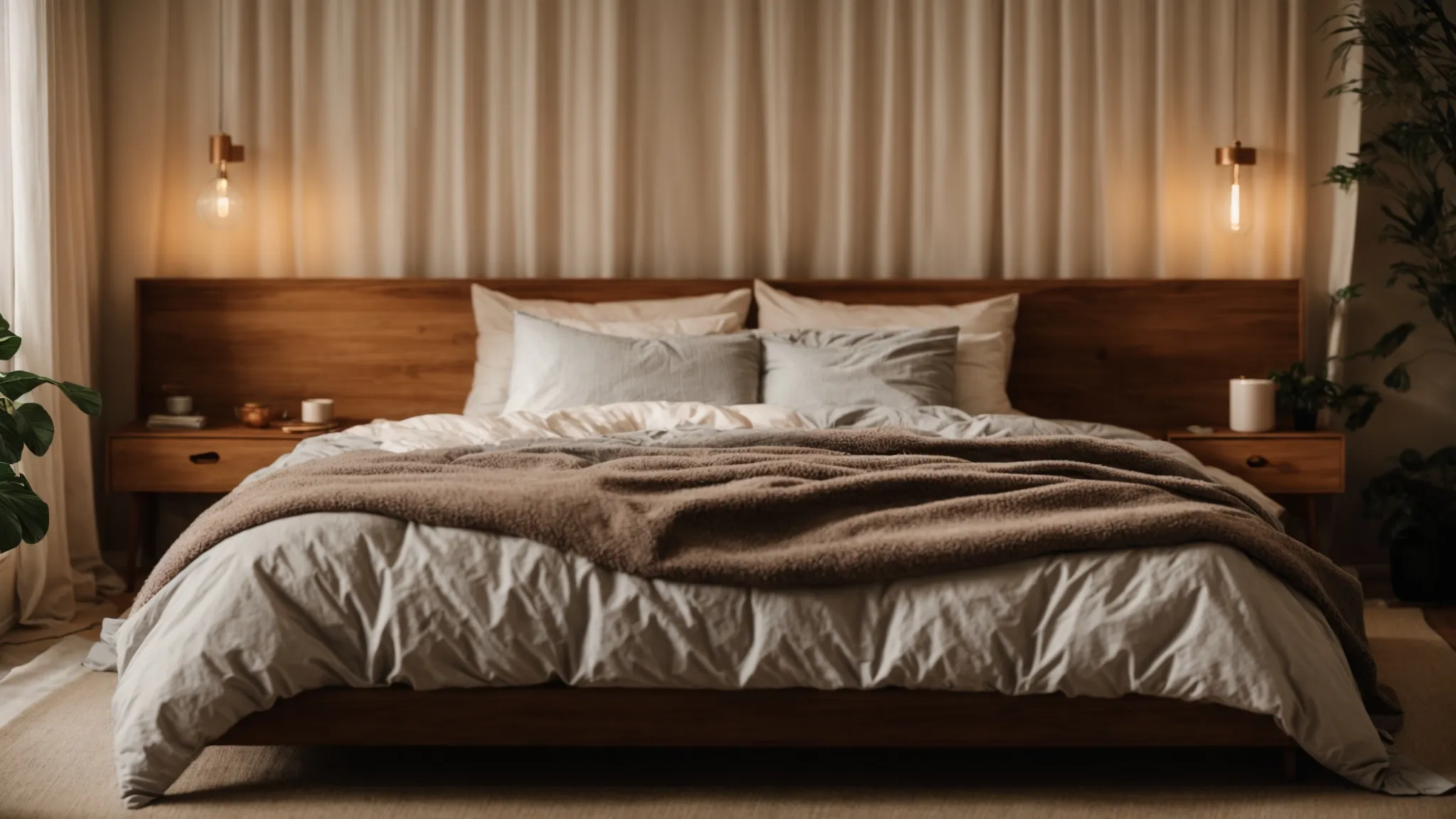 a cozy bedroom with a plush bed set in a serene, warmly lit environment, inviting for a restful sleep.