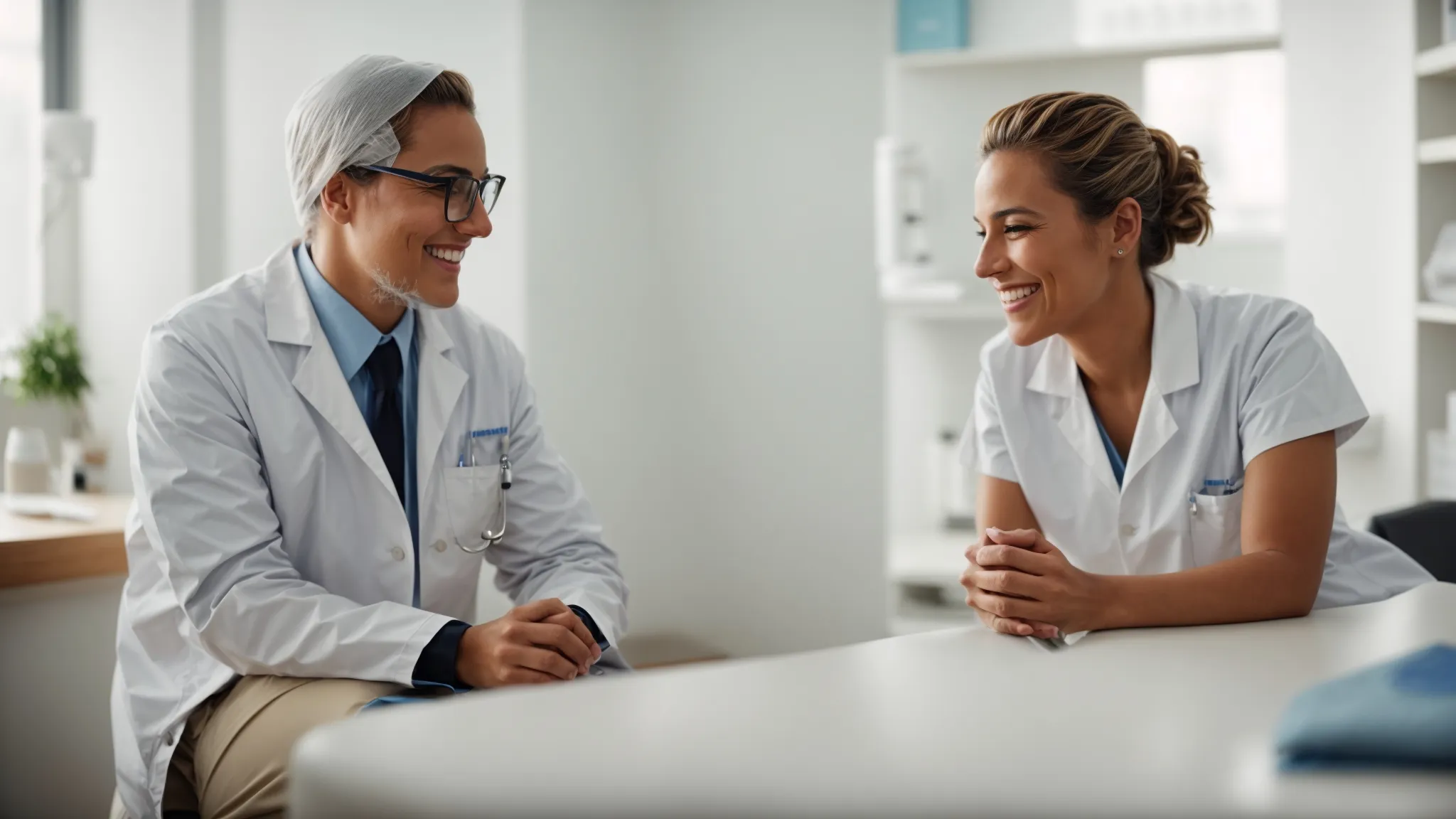 a patient smiling while conversing with an orthopedic specialist in a bright clinic.