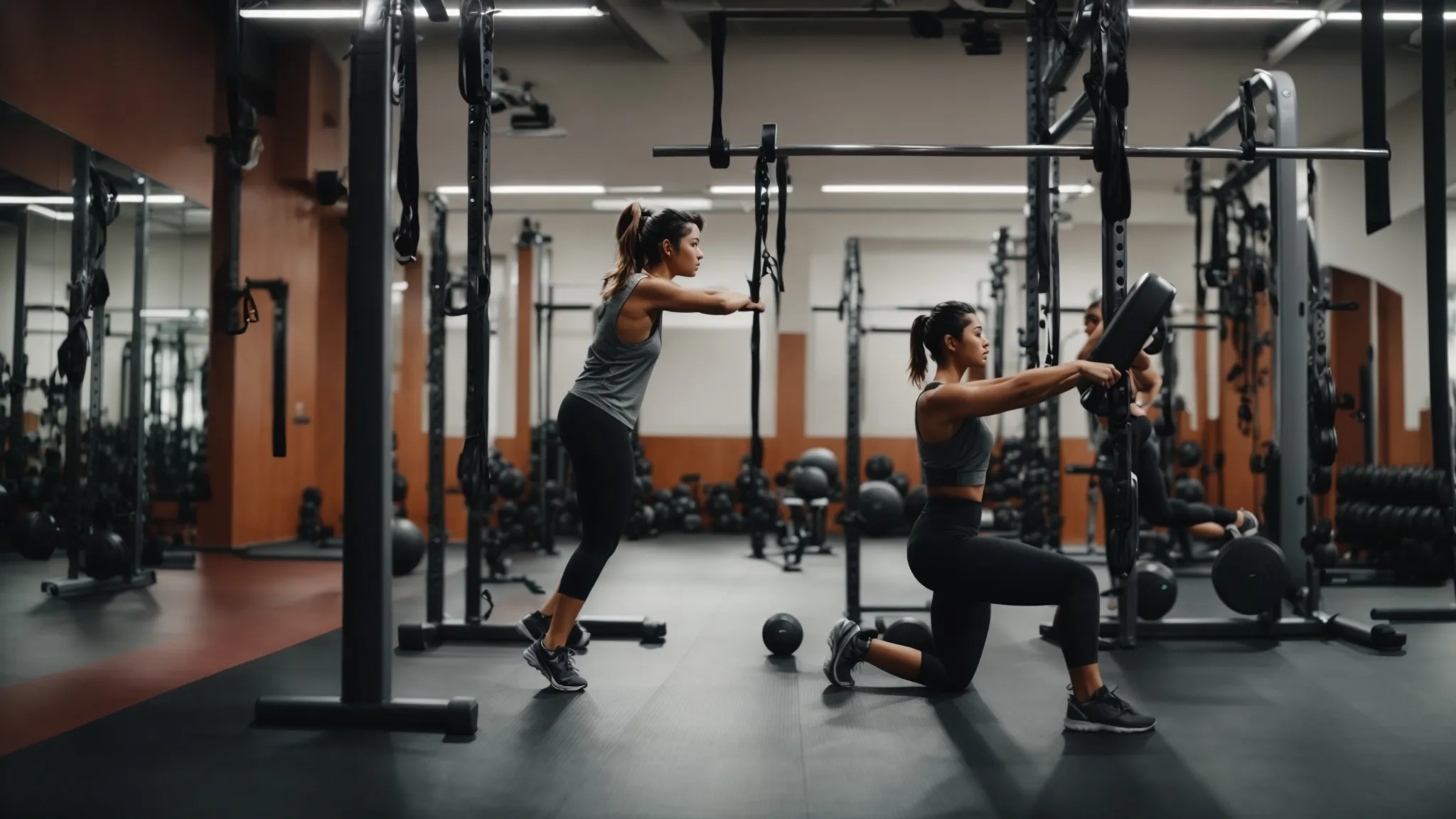 two people exercising with gym equipment, one guiding the other through a workout routine.