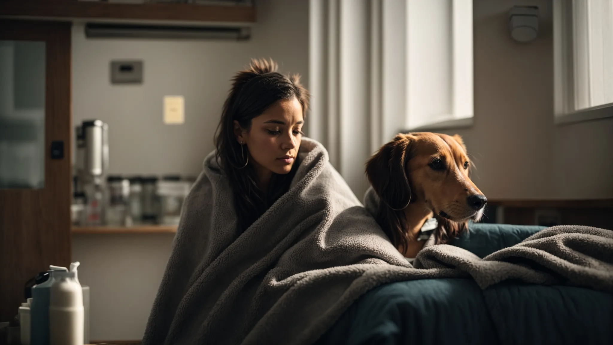 a worried pet owner sits in a veterinary clinic while holding a comforting blanket, waiting for news.