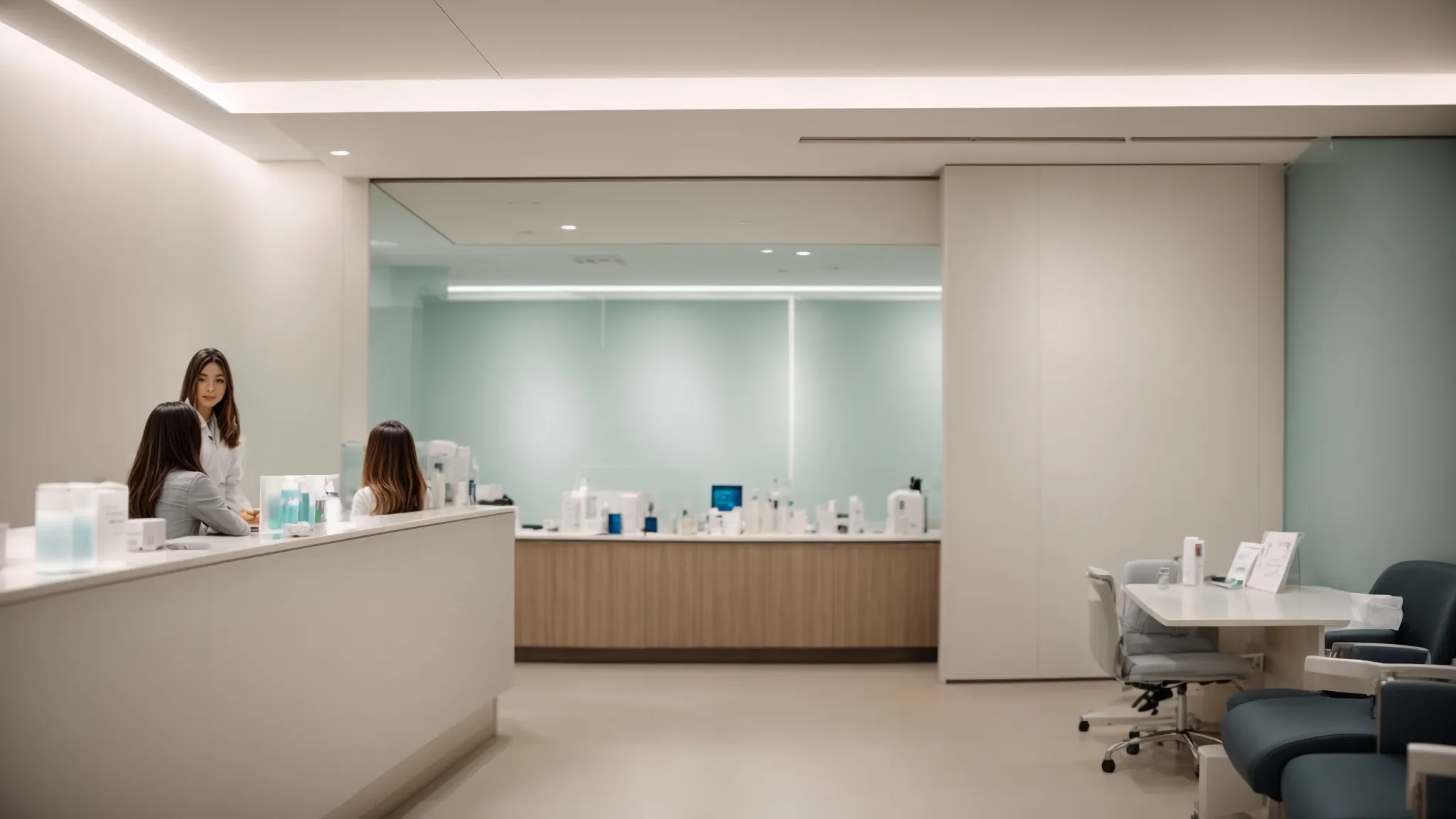a person sitting in a clean, modern dermatologist's office, consulting with a professional about skin care.