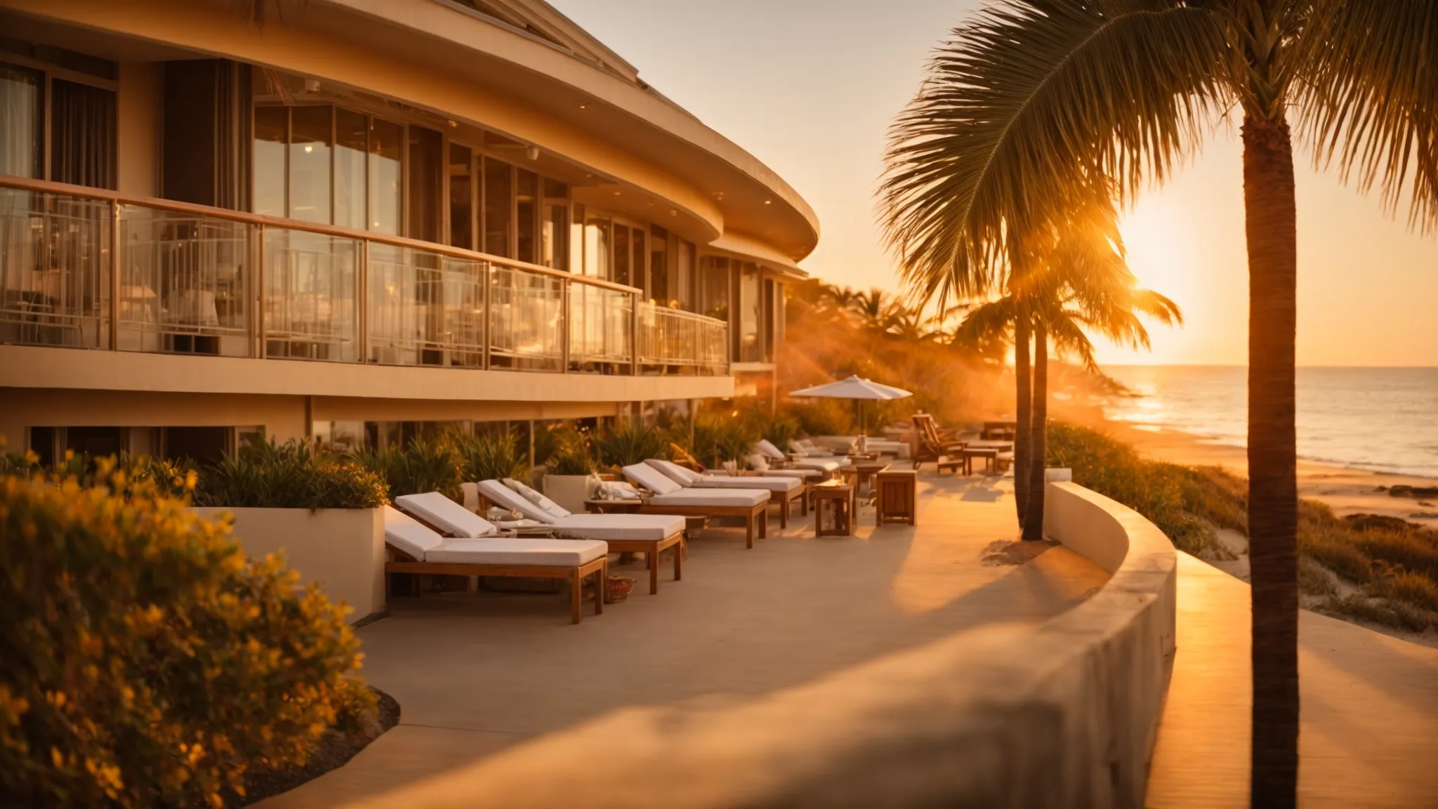 a serene beachfront hotel bathed in golden sunset light, overlooking a calm, sparkling ocean.