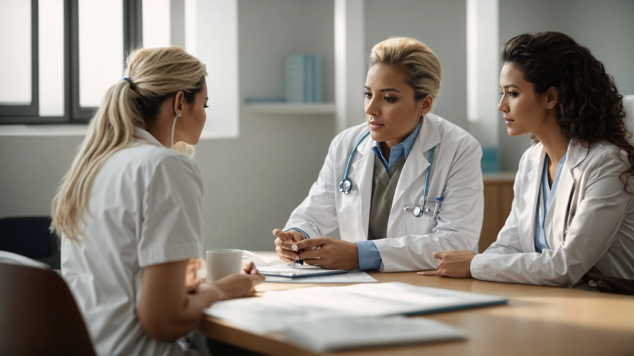 a patient and doctor discussing health concerns in a bright medical office.