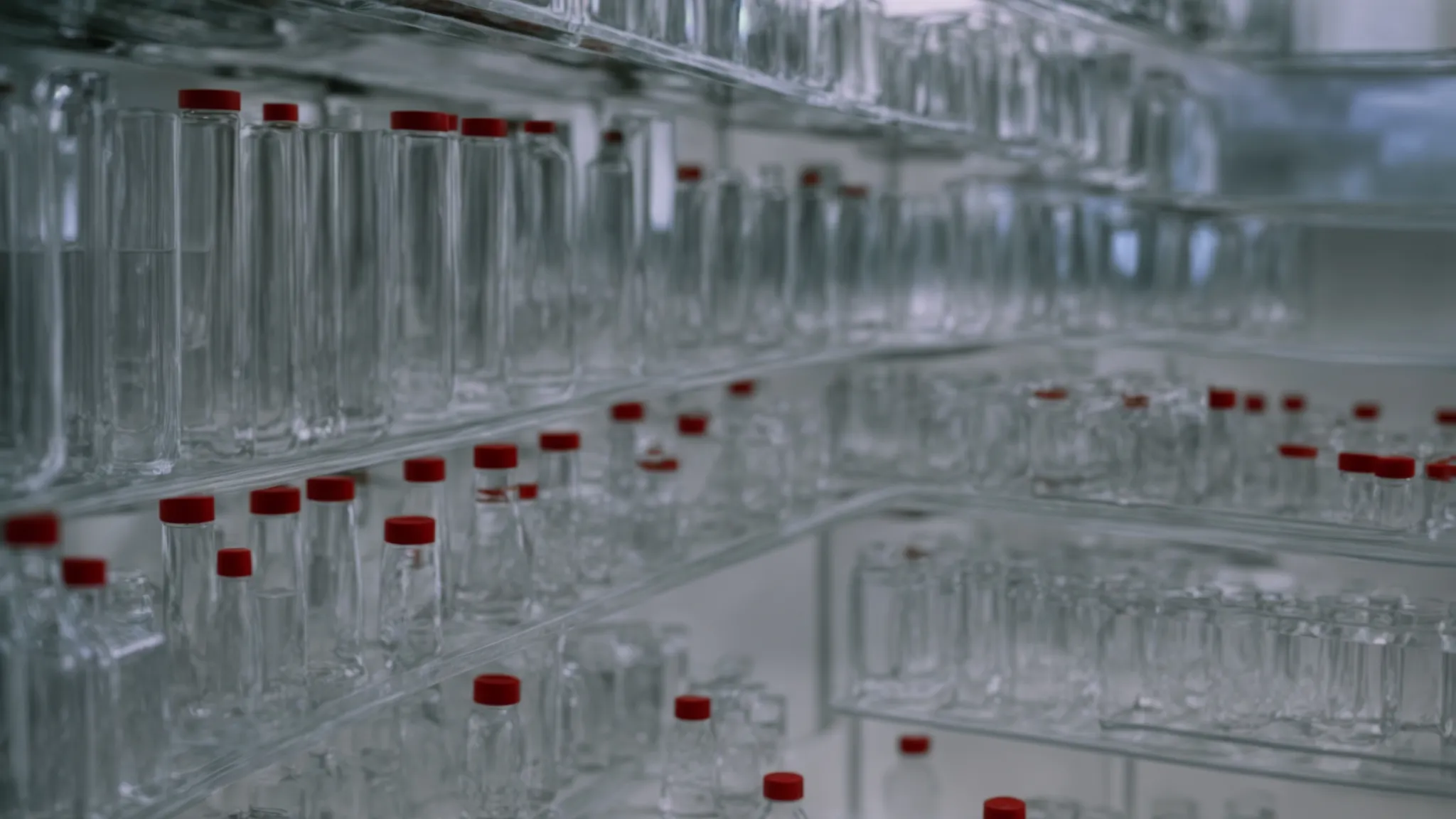 rows of neatly labeled glass vials containing clear liquid on shelves in a clean laboratory setting.