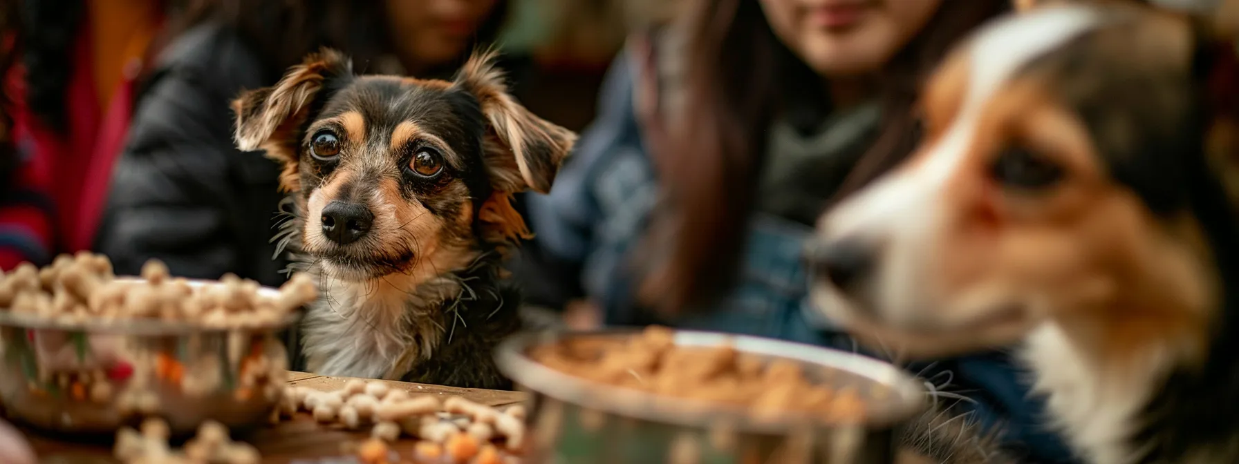 a professional business owner preparing and serving raw dog food to a group of attentive canine customers.