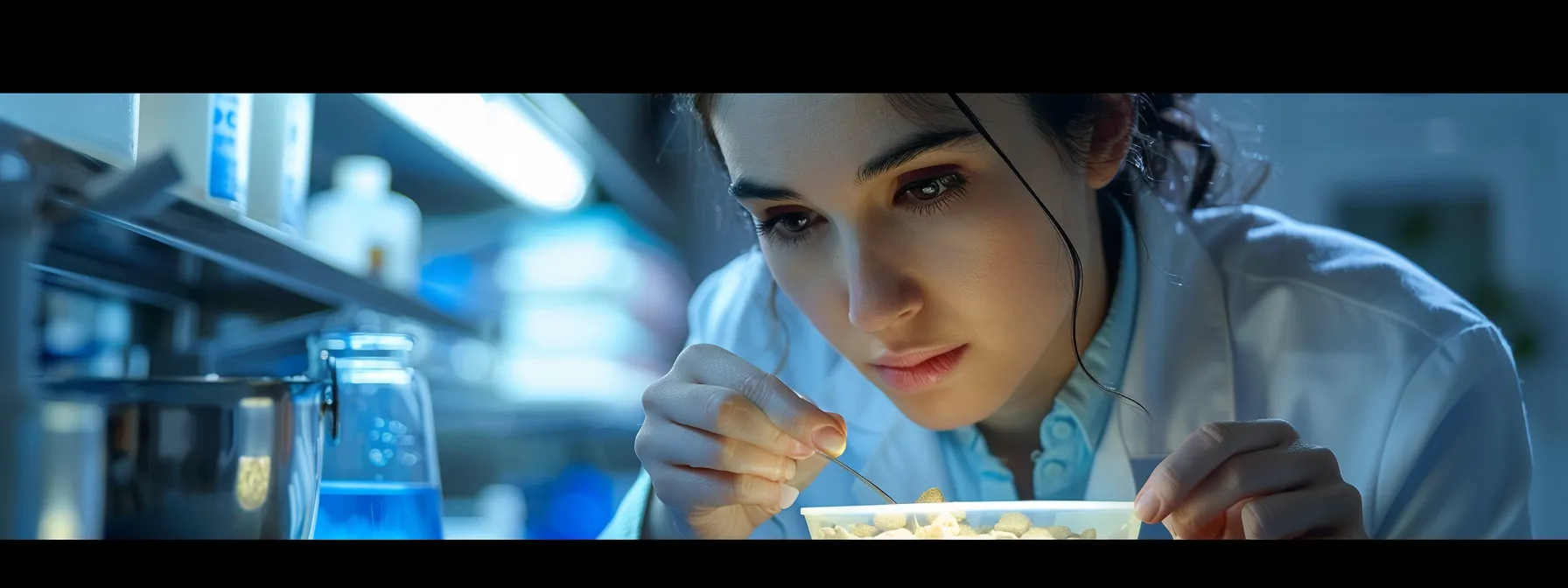 a professional businesswoman carefully analyzing a bowl of katherine heigl dog food for its nutritional value.