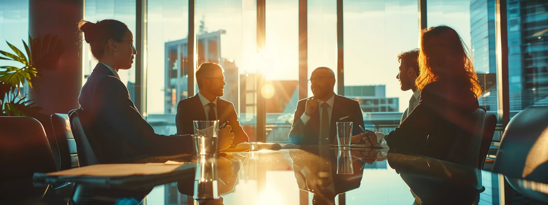 group of professionals discussing skincare benefits in a boardroom.