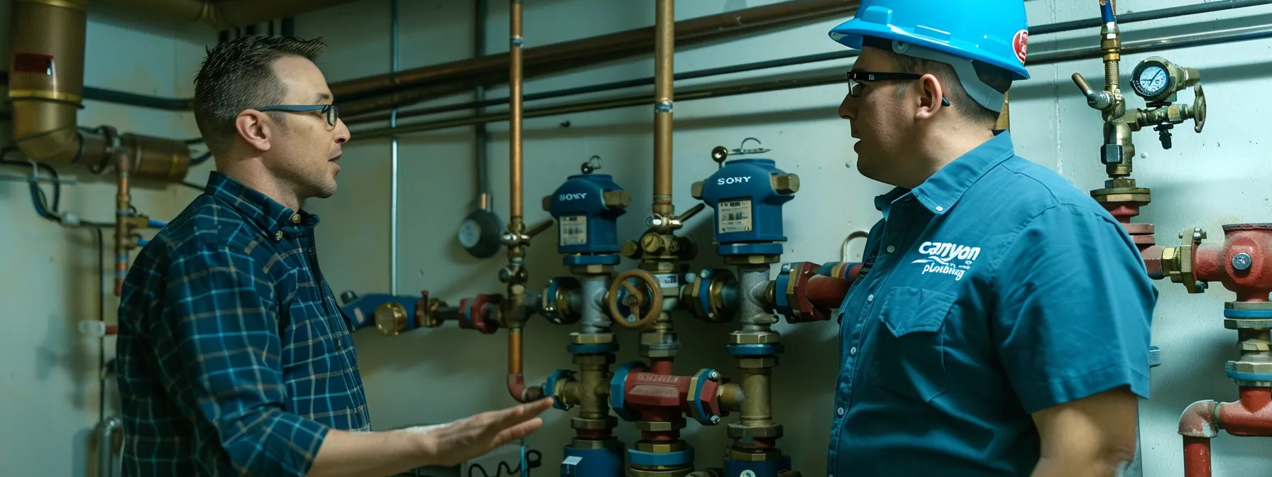 business professionals discussing safety considerations and risks in plumbing maintenance while standing next to an anchor labeled "canyon plumbing".