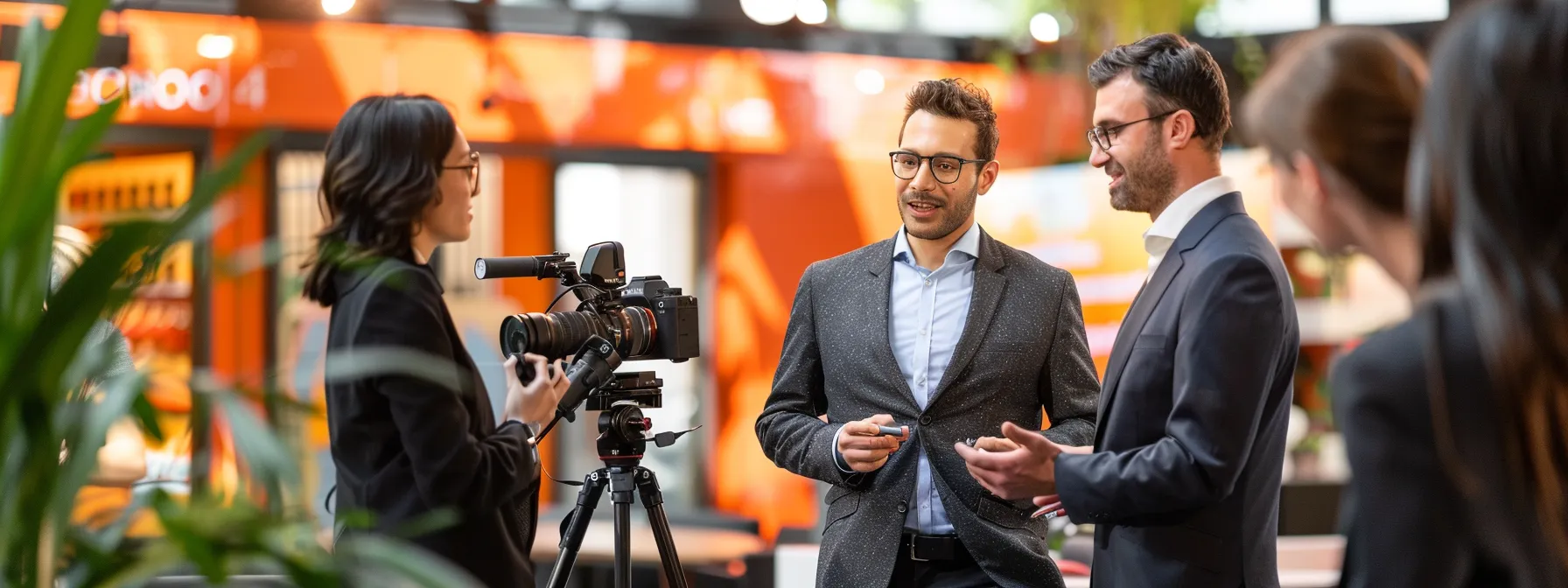 business professionals discussing holistic pet nutrition options while standing near an anchor.