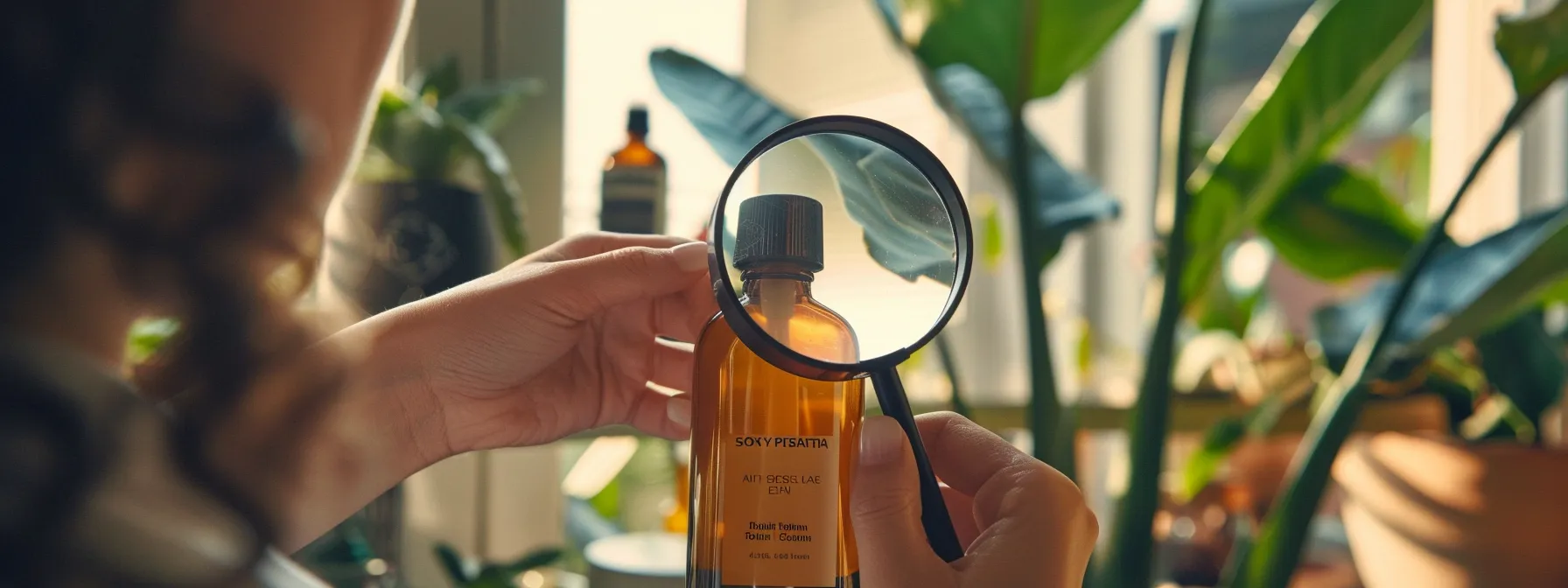 a person holding up a bottle of skin care product with a magnifying glass, studying the ingredients label.
