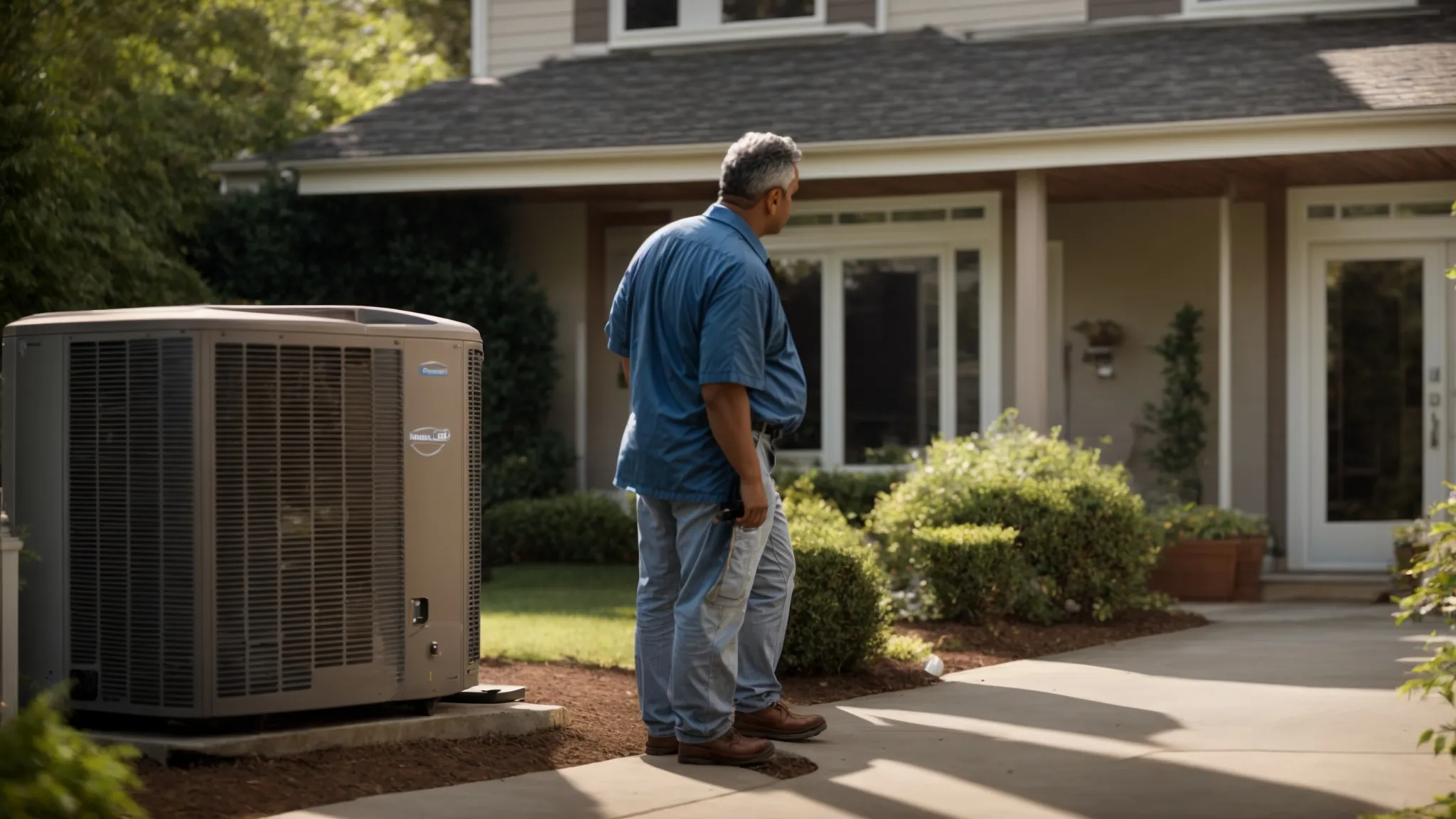 a homeowner consults with a heating and air conditioning service technician outside a residential home.