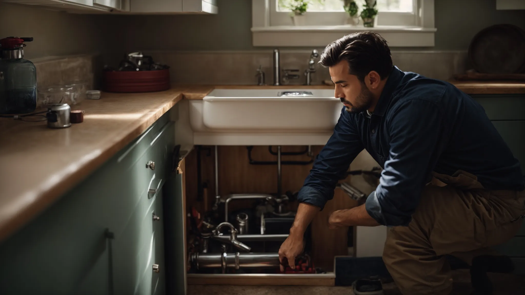 a homeowner stands puzzled before an open toolbox, while a professional plumber examines the pipes under a sink in a well-equipped kitchen.