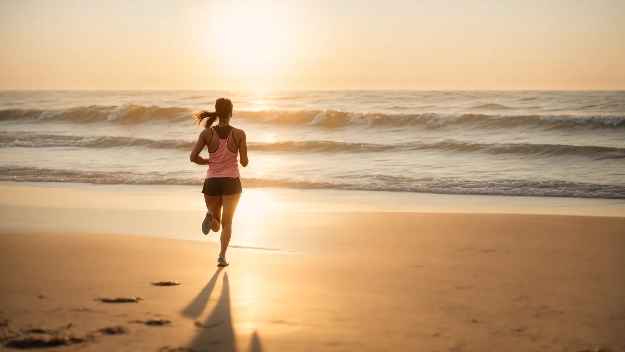 a vibrant person jogging on a serene beach at sunrise, radiating vitality and energy.