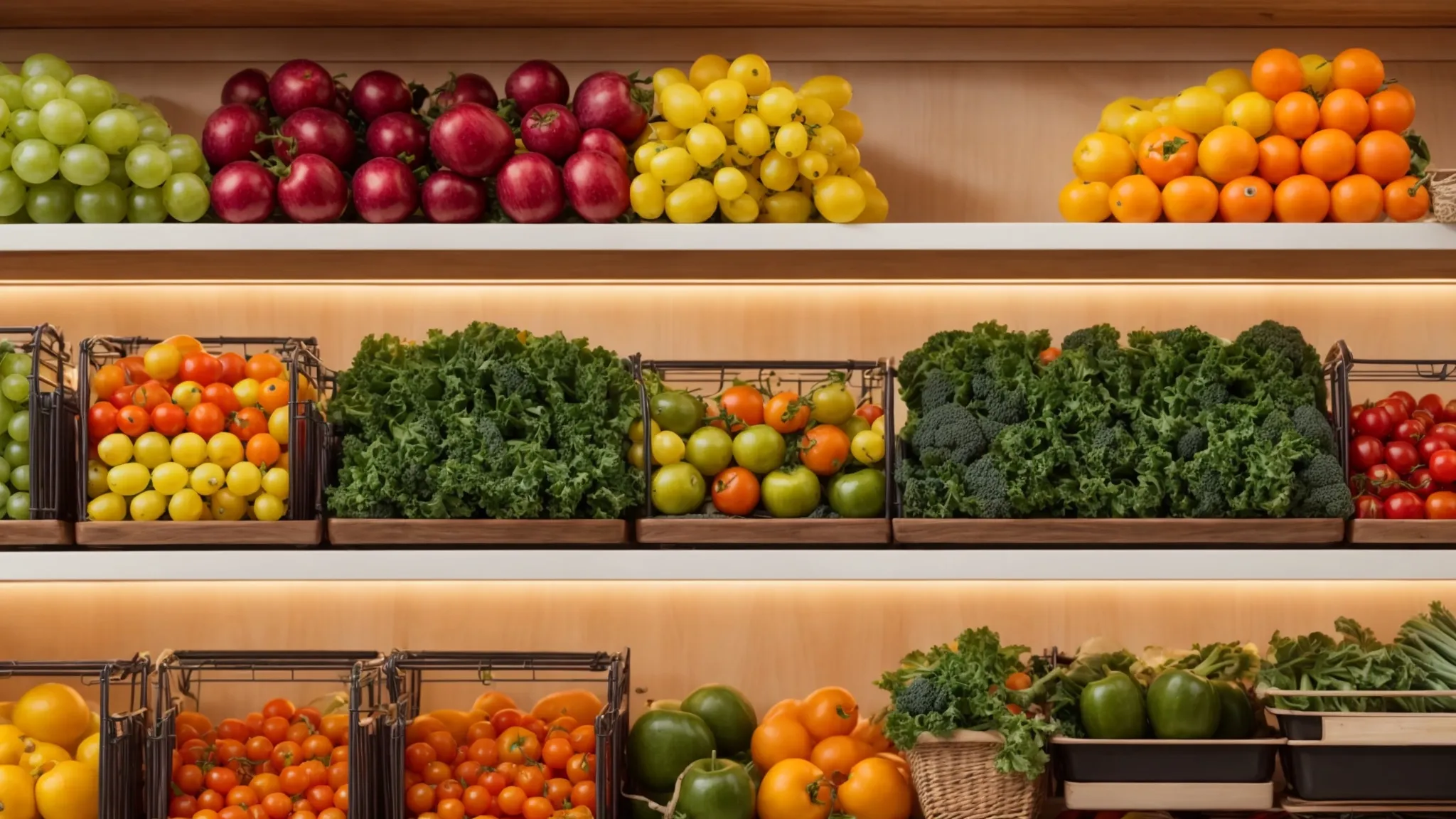 a neatly-organized shelf filled with various colorful fruit and vegetable baskets under a warm light.