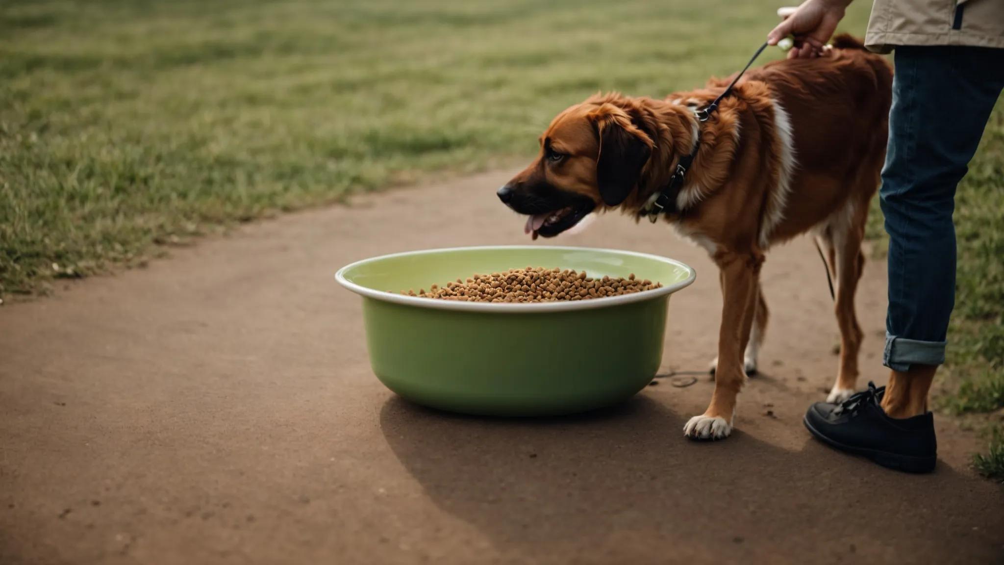 a pet owner holds a bowl filled with dr. marty's pet food while their dog eagerly waits to eat.