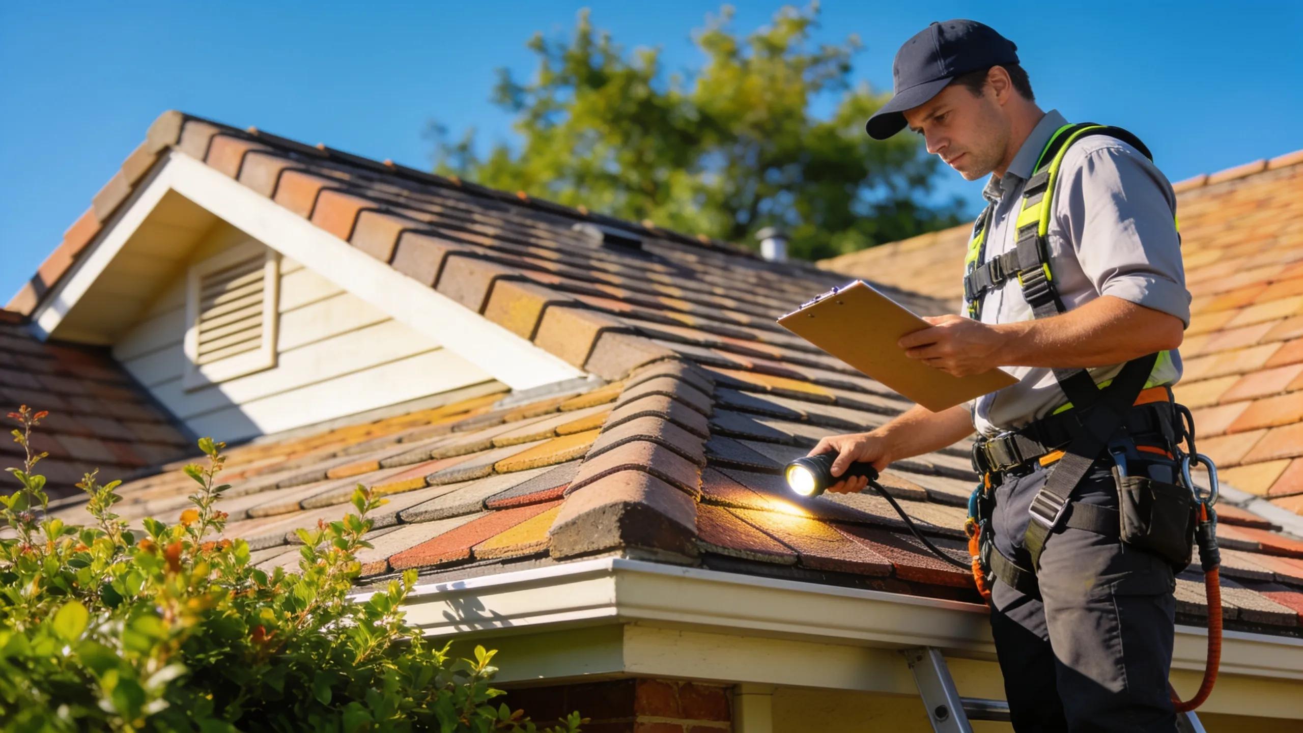 Professional roofing inspector examining a residential roof for inspection and maintenance