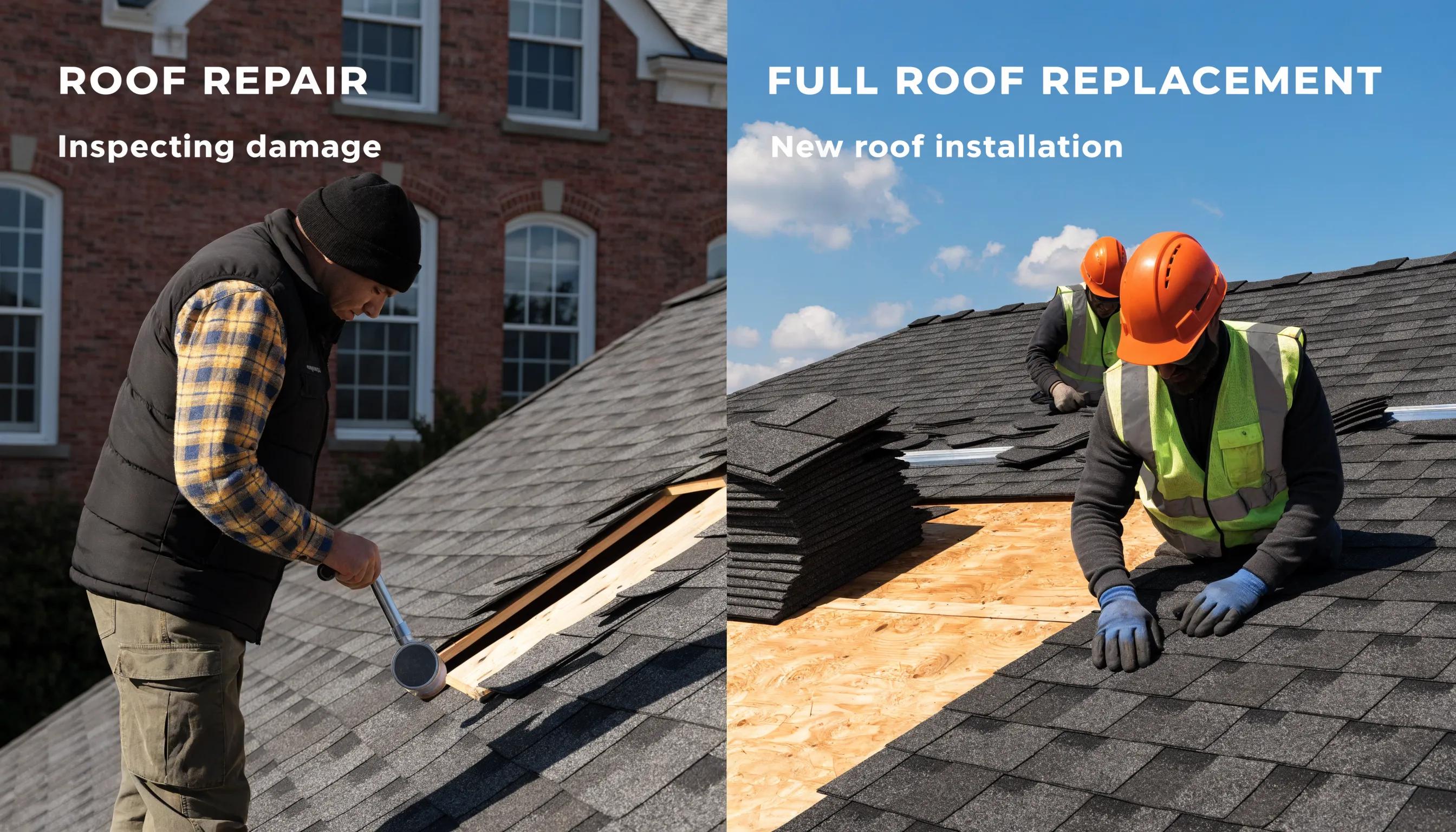 Comparison of roof repair versus full replacement showcasing decision-making for homeowners