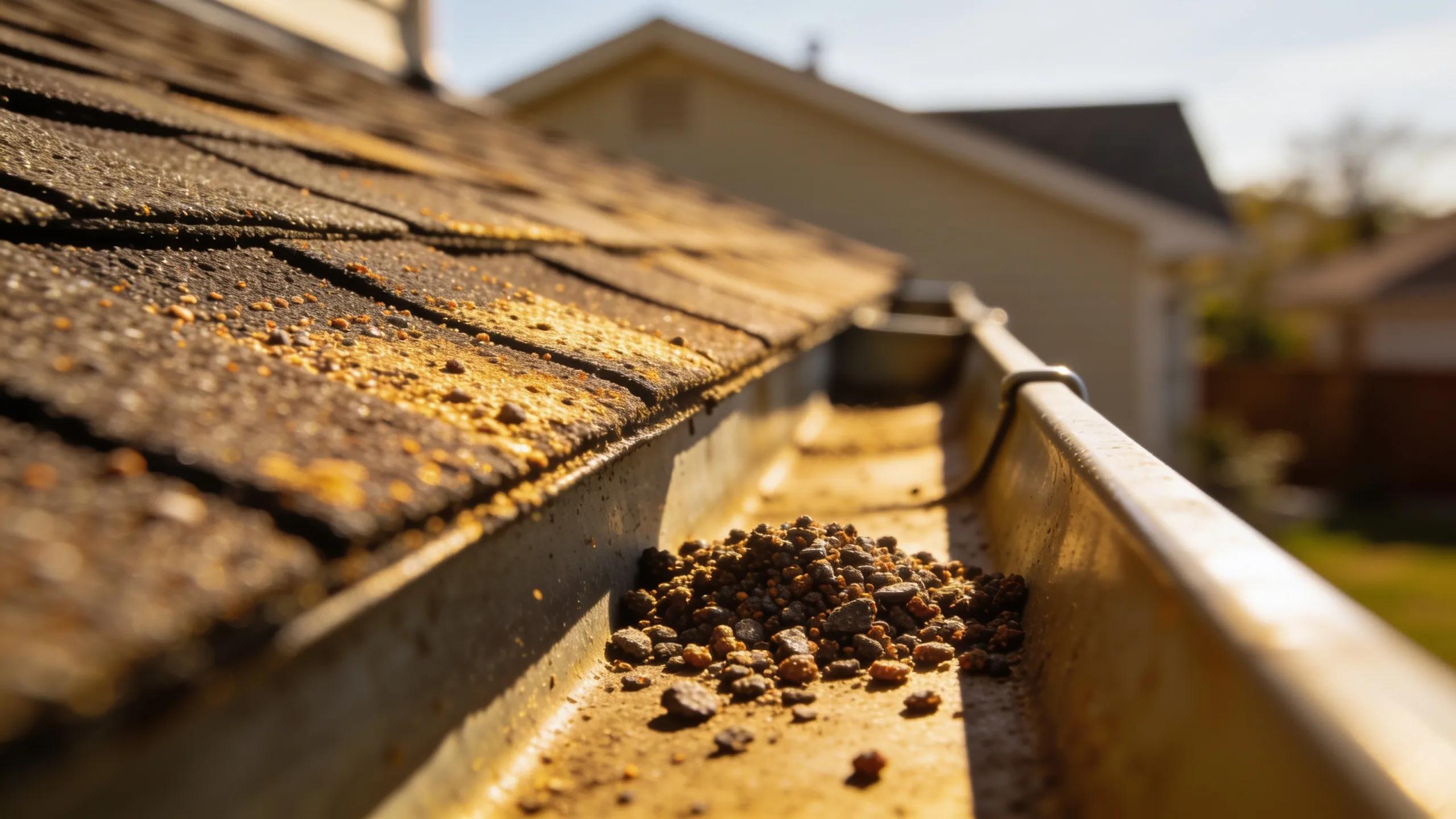 Close-up of asphalt shingles showing granule loss indicating roof aging and potential damage